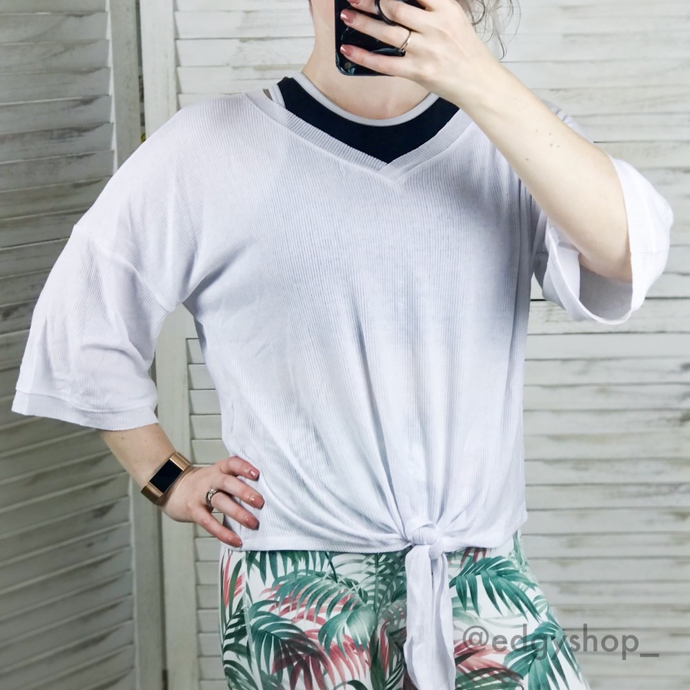 Tie Front Ribbed V-Neck Tee - Picture 2 of 6